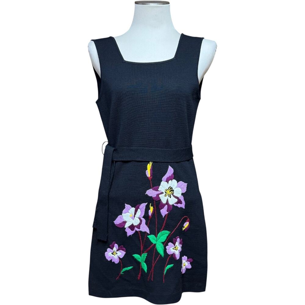 DiCosta 100% Wool Sleeveless Belted Side Slit Tunic Black Embroidered Flower 8